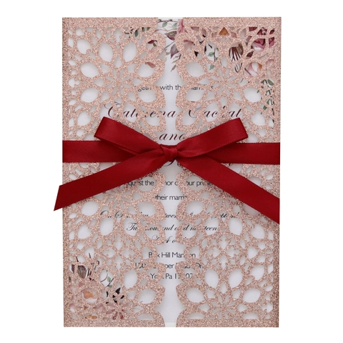 Laser Cut Wedding Invitations Glitter Paper Floral Envelopes Satin Ribbon Bows For Marriage Engagement Ceremony Party