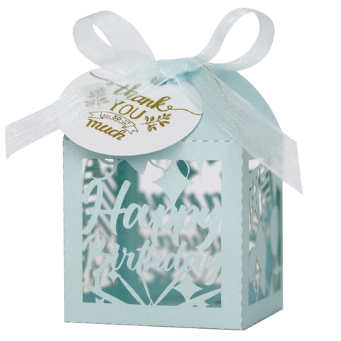 Happy Birthday Laser Cut Candy Boxes Pearl Paper Gift Box With Ribbon And Thank You Tags Party Favor Supplies Birthday Celebration Packaging