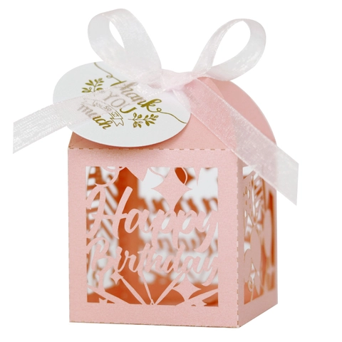 Happy Birthday Laser Cut Candy Boxes Pearl Paper Gift Box With Ribbon And Thank You Tags Party Favor Supplies Birthday Celebration Packaging