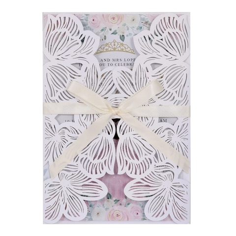Élégantes Invitations de Mariage Découpe Laser Cartes de Vœux Florales Avec Nœud pour Baptême Fête Mariée
