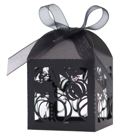 Laser Cut Pearlescent Paper Pumpkin Candy Box Halloween Thanksgiving Party Favor Hollow Gift Box With Ribbon Bowknot