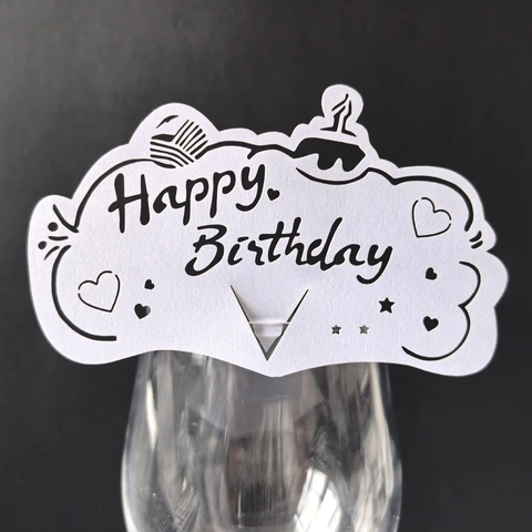 Laser Cut Pearlescent Paper Happy Birthday Place Cards For Cup Edge Decoration Festive Party Table Setting Supplies