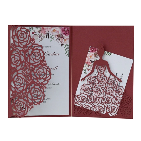 Lasergeschnittene Rosenblüten Hochzeits Einladungskarten Mit Umschlägen Perlmuttpapier Hohle Einladung Für Party Taufe Quinceanera Feier