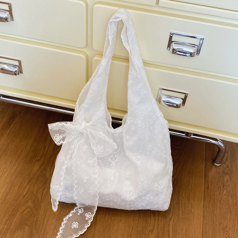 Grand Sac Fourre-Tout en Toile de Dentelle Florale Style Coréen Sac à Épaule Brodé Avec Nœud Pour Femmes Quotidien