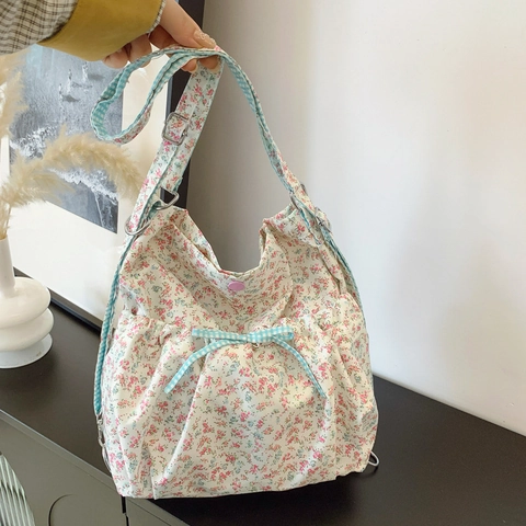 Zaino Dolce a Fiori Donna Moda Pastorale Tela Borsa a Mano Pieghe Borsa a Spalla Dettaglio Quadretti Casual Viaggio Zainetto