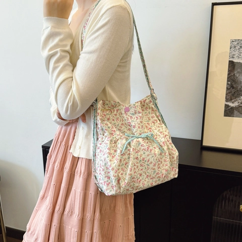 Zaino Dolce a Fiori Donna Moda Pastorale Tela Borsa a Mano Pieghe Borsa a Spalla Dettaglio Quadretti Casual Viaggio Zainetto