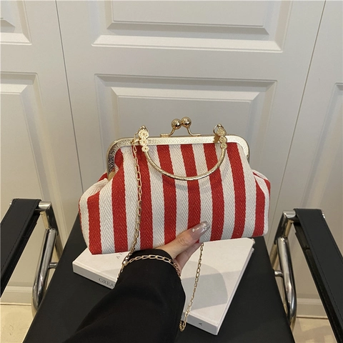 Vintage Streifen Gewebe Rahmen Umhängetasche Mit Goldkette Verschluss Handtasche Für Damen Retro Abend Party Schultertasche