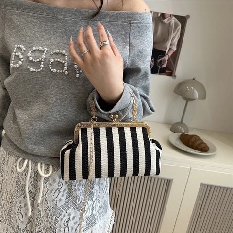 Vintage Streifen Gewebe Rahmen Umhängetasche Mit Goldkette Verschluss Handtasche Für Damen Retro Abend Party Schultertasche