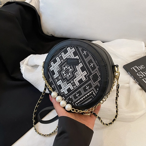 Sac Bandoulière Rond Brodé Style Ethnique pour Femme Sac à Épaule en Cuir PU avec Chaîne de Perles Artificielles