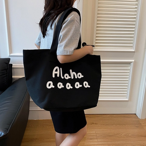 Women Large Capacity Canvas Tote Bag Minimalist Letter Print Shoulder Bag Casual Daily Commute Handbag Shopping Bag