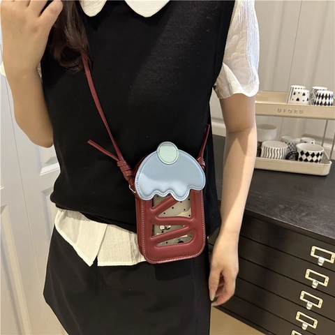 Δημιουργική Μίνι Τσάντα Crossbody σε Σχήμα Cupcake Γυναικεία PU Δέρμα Διάτρητο Σχέδιο Αντίθεση Χρώματος Μικρή Τσάντα