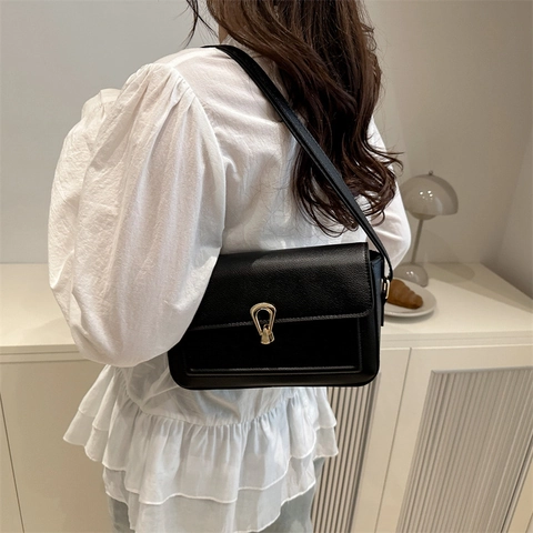 Borsa A Tracolla In Pelle PU Vintage Con Motivo Litchi Da Donna Stile Francese Chiusura In Metallo Spalla Sottobraccio Piccola Borsa A Patta Quadrata