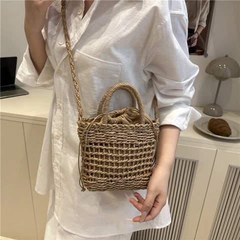 Bolso Cubo de Paja Tejido a Mano Bohemio para Mujer Con Adorno Floral Verano Playa Vacaciones Bolso de Hombro Cordón Interior