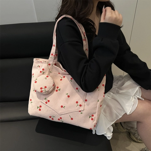 Women Cherry Print Corduroy Tote Bag Large Capacity Handbag Shoulder Bag With Round Coin Purse Pendant Set Student Bag