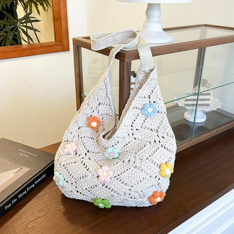 Handgehaakte Holle Hobo Tas Voor Dames 3D Bloemen Geweven Schoudertas Zomer Strand Vakantie Handgemaakte Tote Tas