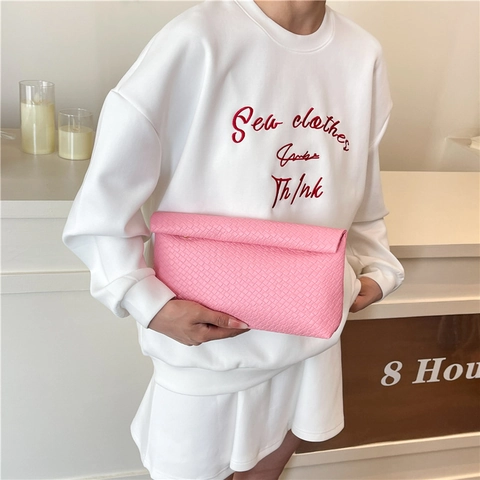 Elegante Cartera de Mano Tipo Sobre para Mujer Textura Tejida Cuero PU Plegable Color Sólido para Banquete y Fiesta Diaria