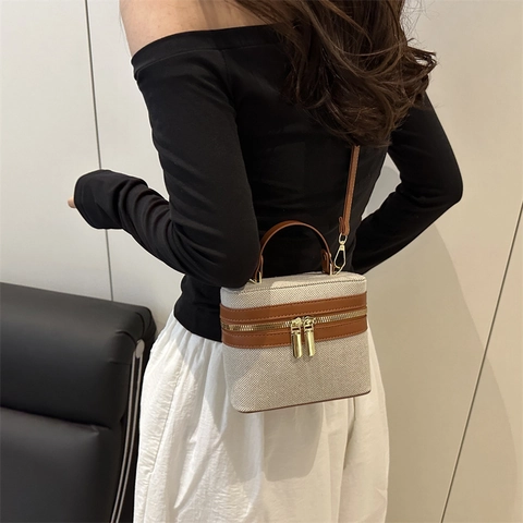 Vintage Τσάντα Crossbody Box Για Γυναίκες Καμβάς PU Δέρμα Patchwork Mini Vanity Case Με Ρυθμιζόμενο Λουράκι Τσάντα Χειρός