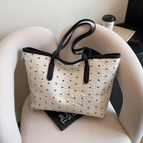 Damen Frisch Schleife Drucken Tote Bag Große Kapazität Strukturierte Verbundstoff Schultertasche Urban Pendeln Shopping Handtasche