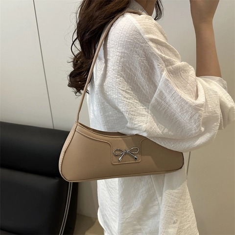 Women Fashion PU Leather Underarm Bag Elegant Crescent Baguette Shoulder Bag Metal Bow Decor Daily Commute Handbag For Women