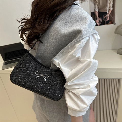 Borsa Sottobraccio da Donna alla Moda con Paillettes e Fiocco Metallico Piccola Borsa Hobo Luccicante Borsa a Mano per Feste