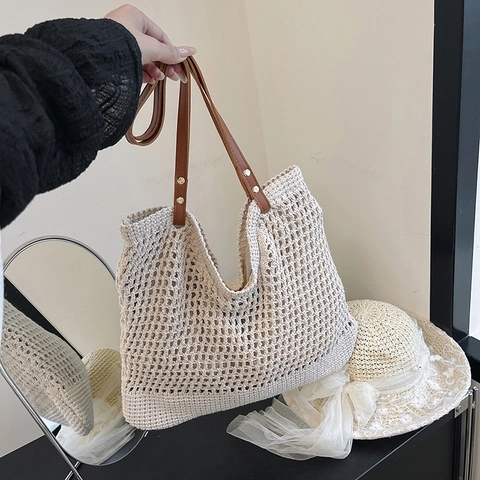 Dames Zomer Gevlochten Tote Bag Opengewerkt Haakwerk Stro Schoudertas Grote Capaciteit Strand Vakantie Handtas Leren Banden