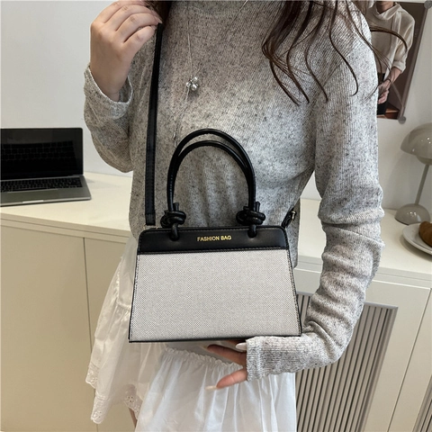 Bolso de Mano de Moda para Mujer Bloque de Color Cuero PU Lona Patchwork Bolso de Hombro Cruzado con Asa Superior Cremallera