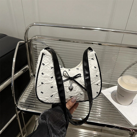 Women Sweet Quilted Underarm Bag With Bowtie Print And Heart Pendant Contrast Color Shoulder Bag For Daily Use Commuting