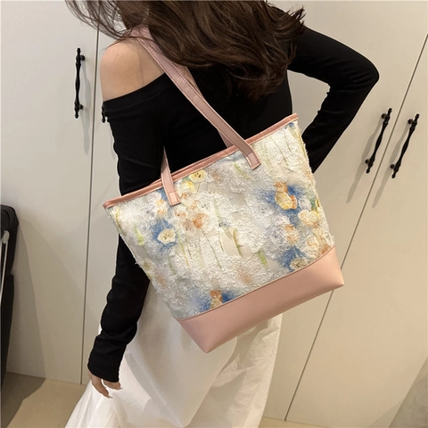 Sac Fourre-tout Élégant en Dentelle Florale pour Femme Grande Capacité Sac à Épaule Avec Base en Similicuir Style Littéraire Sac à Main Quotidien