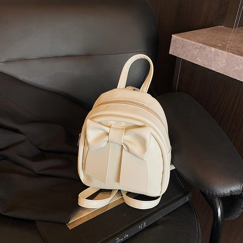 Mini Sac à Dos Coréen à Nœud Papillon pour Femme Cuir PU Durable Sac de Jour Mode Léger Sac de Voyage en Plein Air