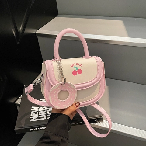 Borsa a Tracolla da Donna Fashion in Pelle PU Color Block Carina Stampa Ciliegia Borsa a Sella Piccola Borsa a Mano Quadrata Con Charm Ciambella