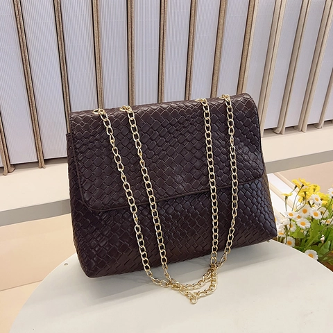 Vintage PU Leather Woven Crossbody Bag For Women Luxury Gold Chain Strap Flap Shoulder Bag Commuter Fashion Square Handbag
