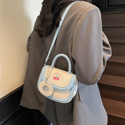 Borsa a Tracolla da Donna Fashion in Pelle PU Color Block Carina Stampa Ciliegia Borsa a Sella Piccola Borsa a Mano Quadrata Con Charm Ciambella