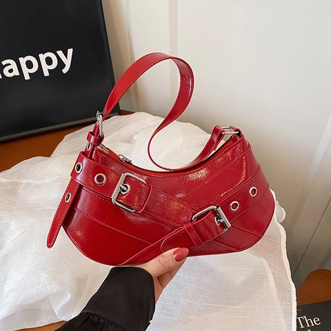Damen Y2K Punk Unterachseltasche Patent Leder PU Hobo Umhängetasche Mit Gürtelschnalle Ösen Retro Pendler Handtasche Für Damen