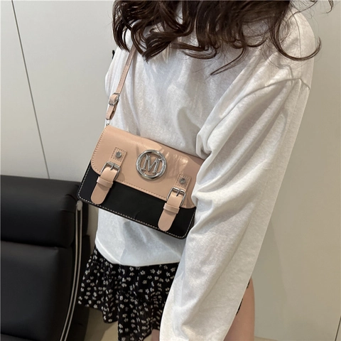 Women Stylish PU Leather Small Square Crossbody Bag Contrast Color Flap Shoulder Bag With Metal M Letter Circular Buckle