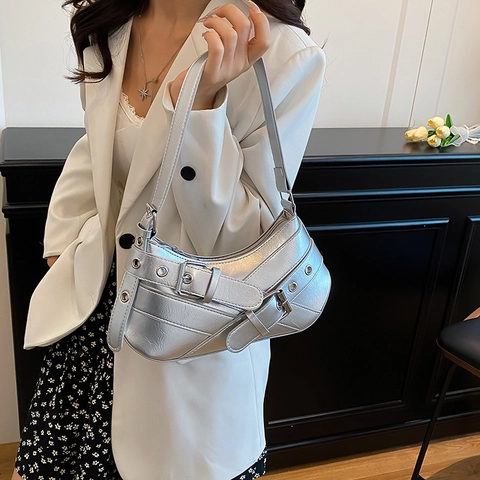 Damen Y2K Punk Unterachseltasche Patent Leder PU Hobo Umhängetasche Mit Gürtelschnalle Ösen Retro Pendler Handtasche Für Damen