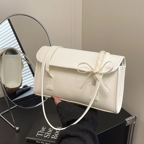 Französischer Ballettstil Schleife Baguette Tasche Damen PU Leder Schulter Achsel Tasche Einfache Unterarm Handtasche Einfarbig Elegant Mode