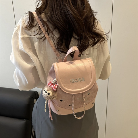 Mini Mochila de Moda para Mujer Cuero PU Lona Empalme Bolso de Cubo Niche Pequeño Con Cadena de Plata Bordado Colgante de Peluche