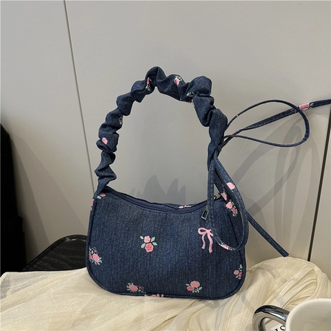 Borsa da Donna in Denim Rosa con Ricamo di Rose e Fiocchi Manico Arricciato Piccola Borsa a Spalla Dolce Borsa Estiva