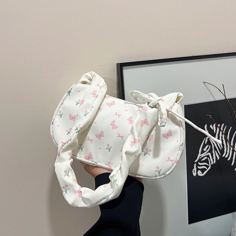 Bolso de Hombro de Nailon para Mujer Con Estampado Floral Mariposa Cereza Asa Fruncida Decoración de Lazo Bolso de Axila Elegante