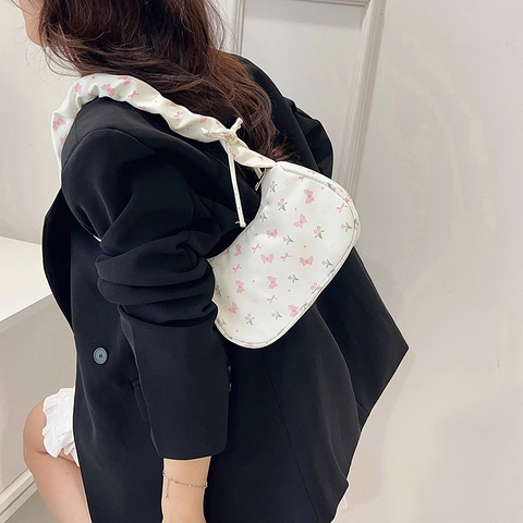 Bolso de Hombro de Nailon para Mujer Con Estampado Floral Mariposa Cereza Asa Fruncida Decoración de Lazo Bolso de Axila Elegante