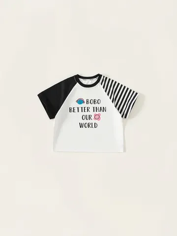Kids Raglan Sleeve T-Shirt Asymmetric Black White Stripe Cotton Top Boys Girls Letter Graphic Tee Summer Casual Short Sleeve