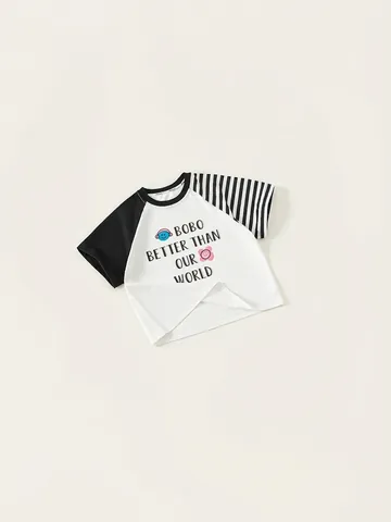 Kids Raglan Sleeve T-Shirt Asymmetric Black White Stripe Cotton Top Boys Girls Letter Graphic Tee Summer Casual Short Sleeve