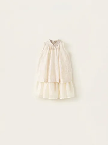 Completo da Ragazza in Nuovo Stile Cinese Top Senza Maniche con Collo Rialzato e Perla Artificiale Gonna in Tulle a Rete Elegante Ricamo Abbigliamento Estivo per Bambini