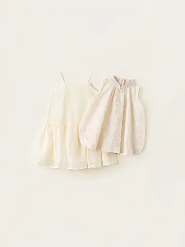 Completo da Ragazza in Nuovo Stile Cinese Top Senza Maniche con Collo Rialzato e Perla Artificiale Gonna in Tulle a Rete Elegante Ricamo Abbigliamento Estivo per Bambini