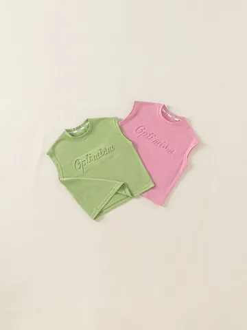 Kids Summer Cotton Sleeveless Tank Top With Optimism Embossed Letter Minimalist Casual Round Neck Vest For Boys Girls