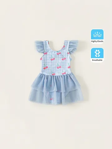 Costume Intero da Bambina Gingham Stampa Ciliegia Mesh Maniche con Volant Costumi da Bagno per Bambini Dolce Costume da Spiaggia