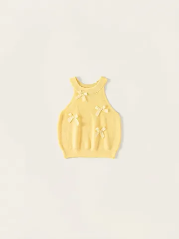Camiseta de Tirantes de Punto de Viscosa Dulce para Niñas Sin Mangas Con Lazo Amarillo Color Sólido Top para Niños