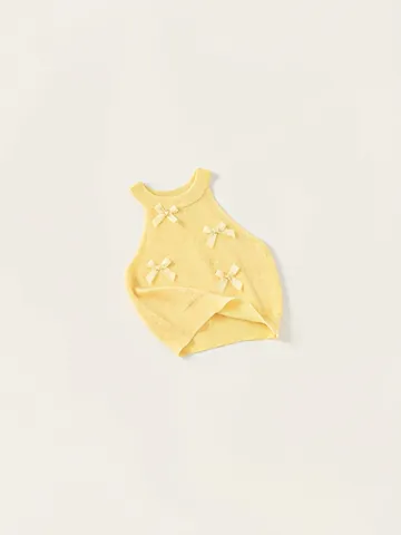 Camiseta de Tirantes de Punto de Viscosa Dulce para Niñas Sin Mangas Con Lazo Amarillo Color Sólido Top para Niños