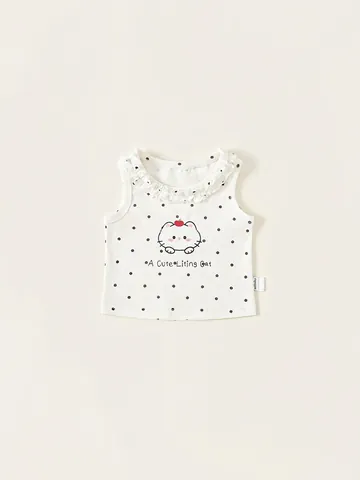 Gilet sans Manches en Coton pour Filles Mignon Chat Dessin Animé Imprimé Pois Volants Col Rond Top Mode Été