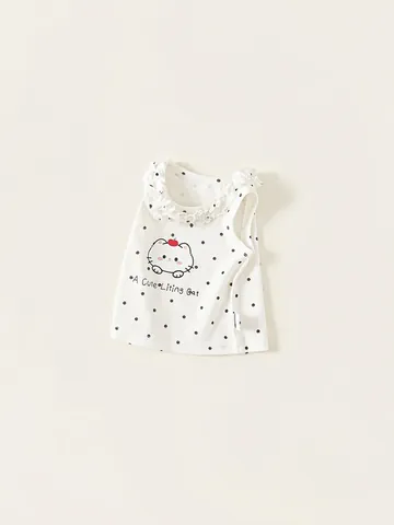 Gilet sans Manches en Coton pour Filles Mignon Chat Dessin Animé Imprimé Pois Volants Col Rond Top Mode Été